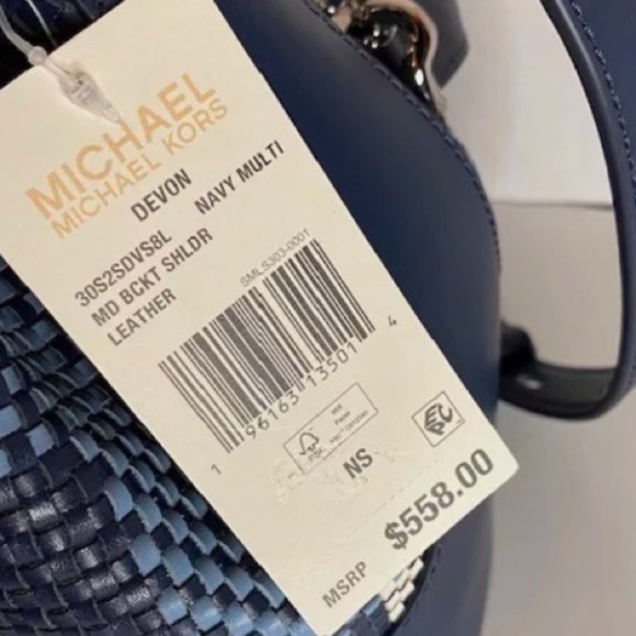 Michael Kors Devon Navy Blue & White Plaid Bucket Shoulder Bag - Picture 3 of 10